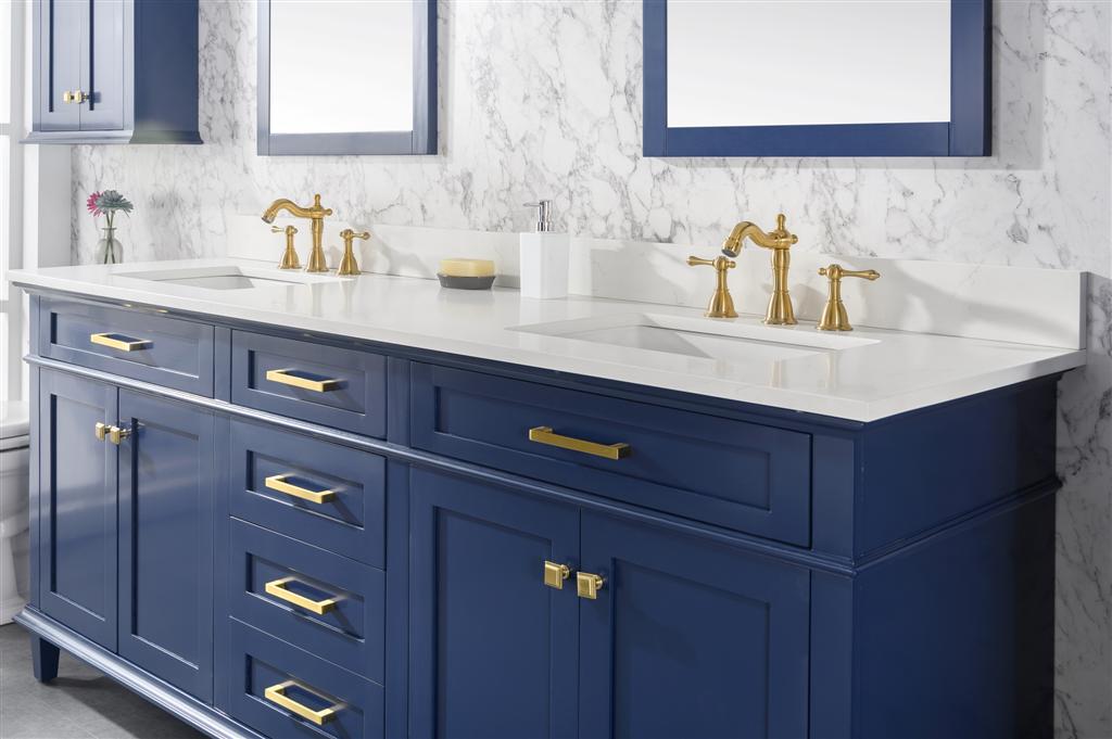 80" Haven Vanity with Double Sinks and Carrara Marble Top in Blue Finish