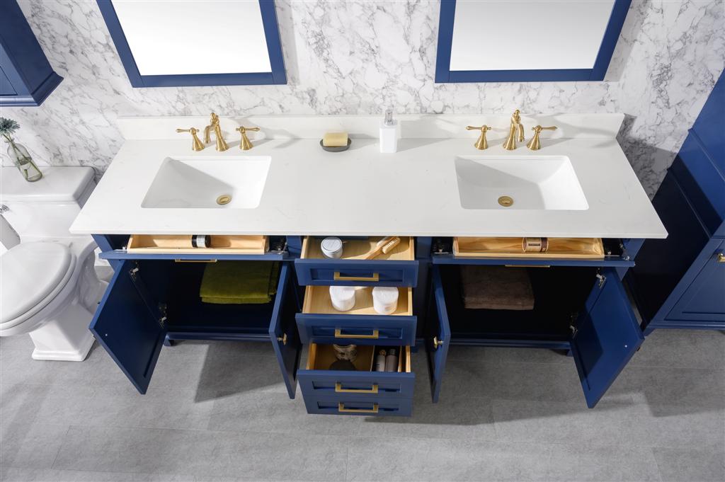 80" Haven Vanity with Double Sinks and Carrara Marble Top in Blue Finish