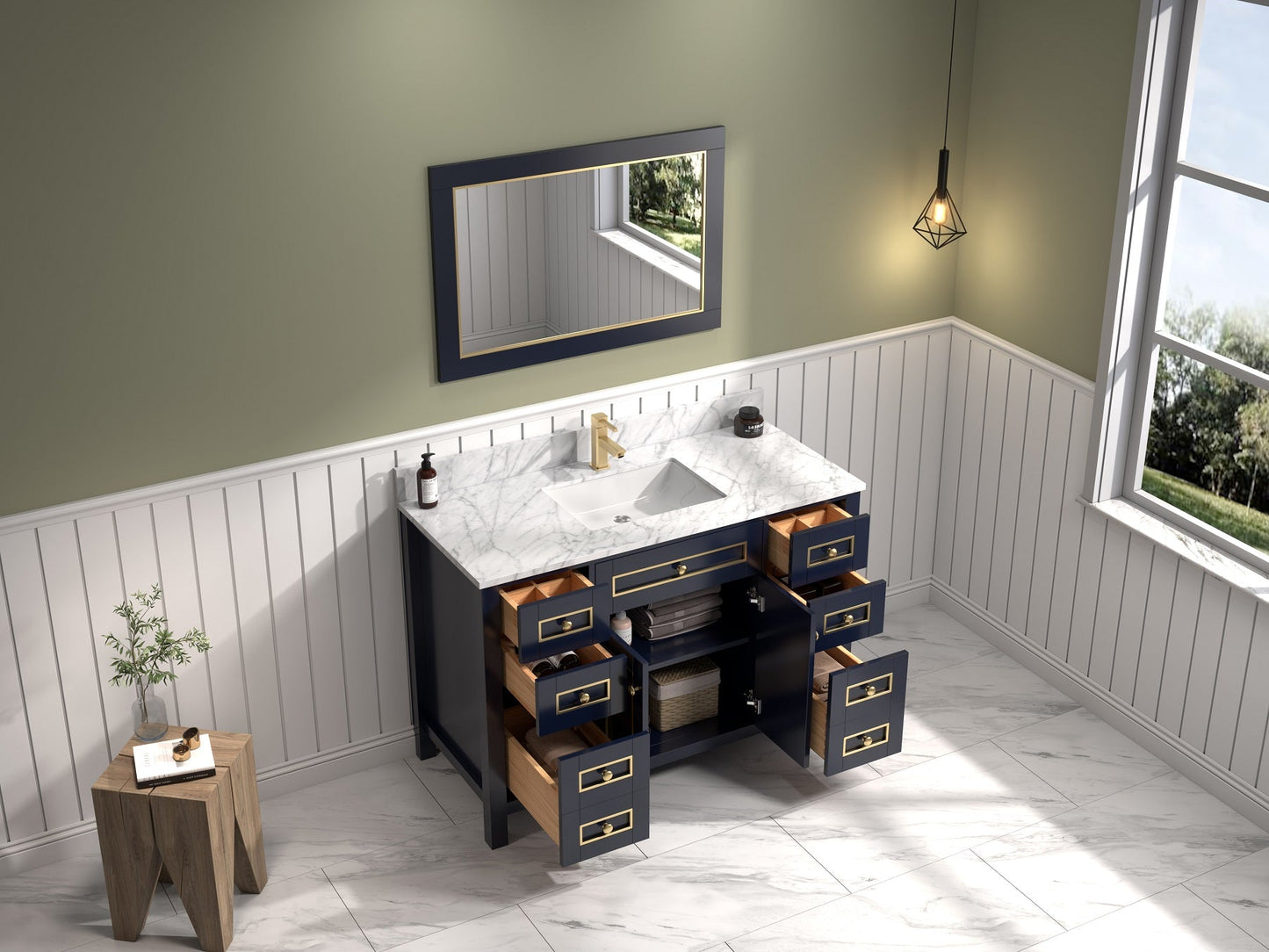 48" Willow Vanity with Single Sink and Carrara Marble Top in Navy Blue