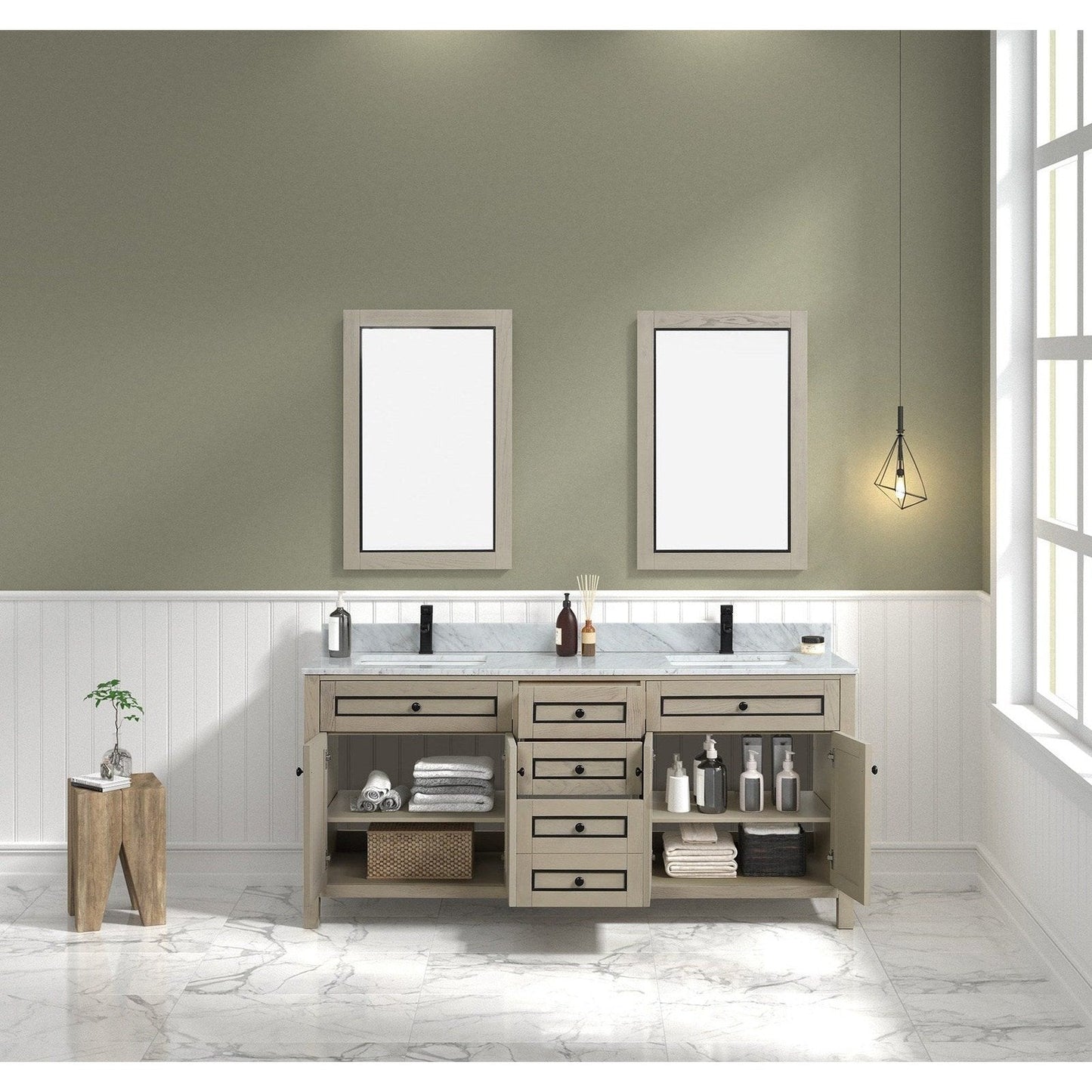 Legion Furniture 72" Light Oak Finish Sink Vanity Cabinet With Carrara White Top WV2272-O