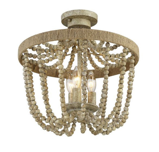 3-Light Ceiling Light in Natural Wood with Rope