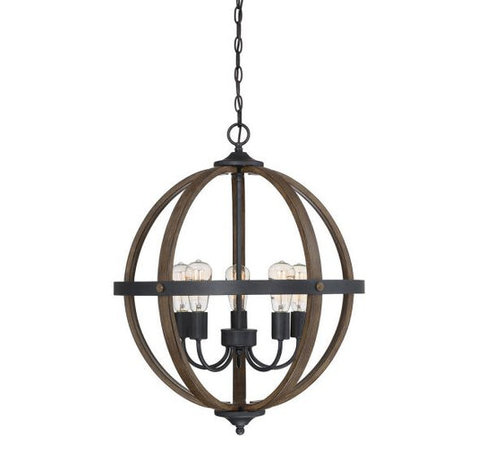 5-Light Chandelier in Wood with Black